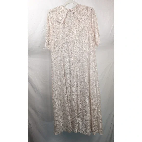 Vintage Pink Sheer Lace Dress Floral Maxi Robe Button 22 Fairy Dainty Romantic - Picture 9 of 10